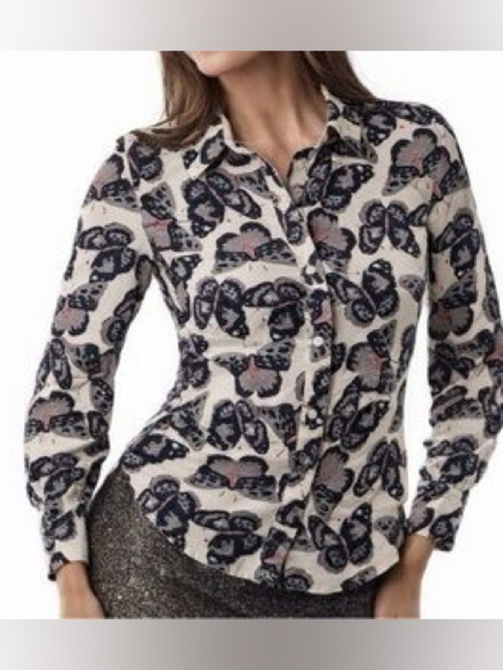 Tucker Cream Button-Up Blouse with Navy and Pink Butterfly Print